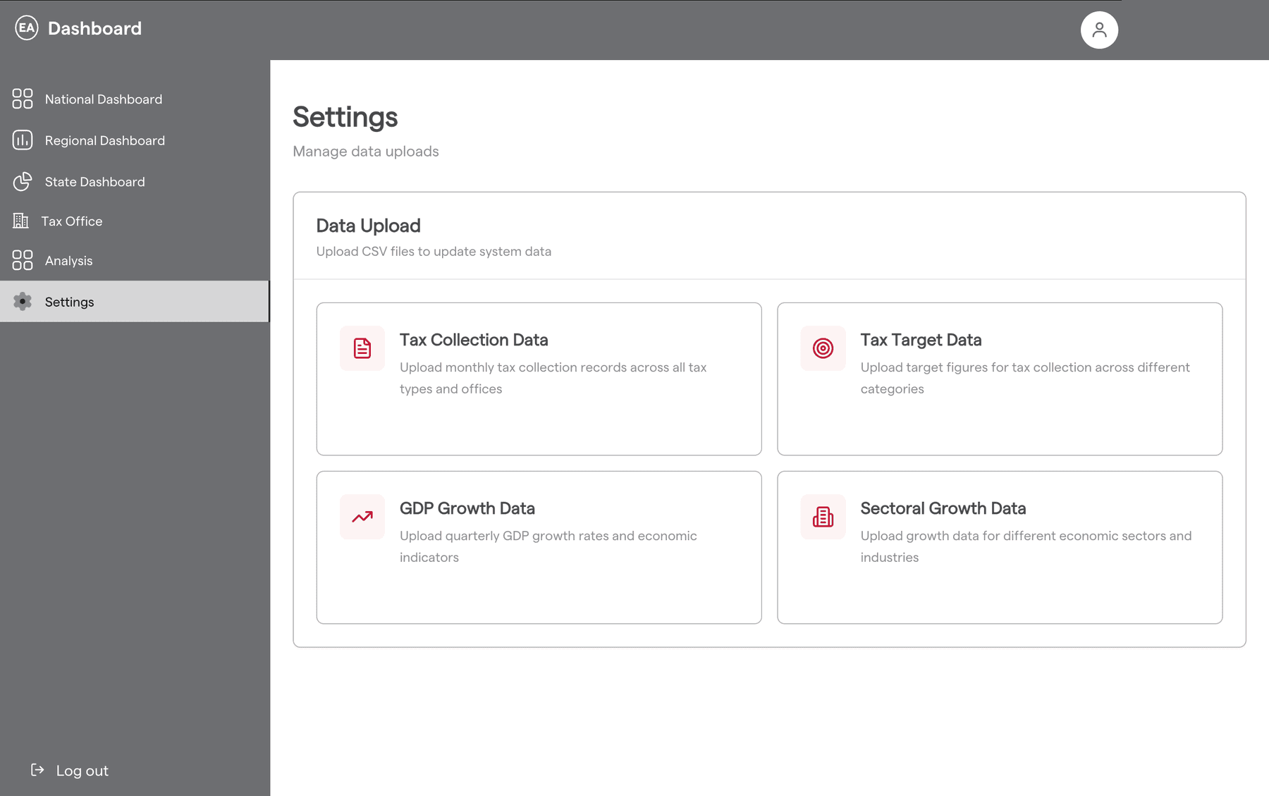 Settings page with four upload cards: tax collection data, tax target data, GDP growth data and sectoral growth data.