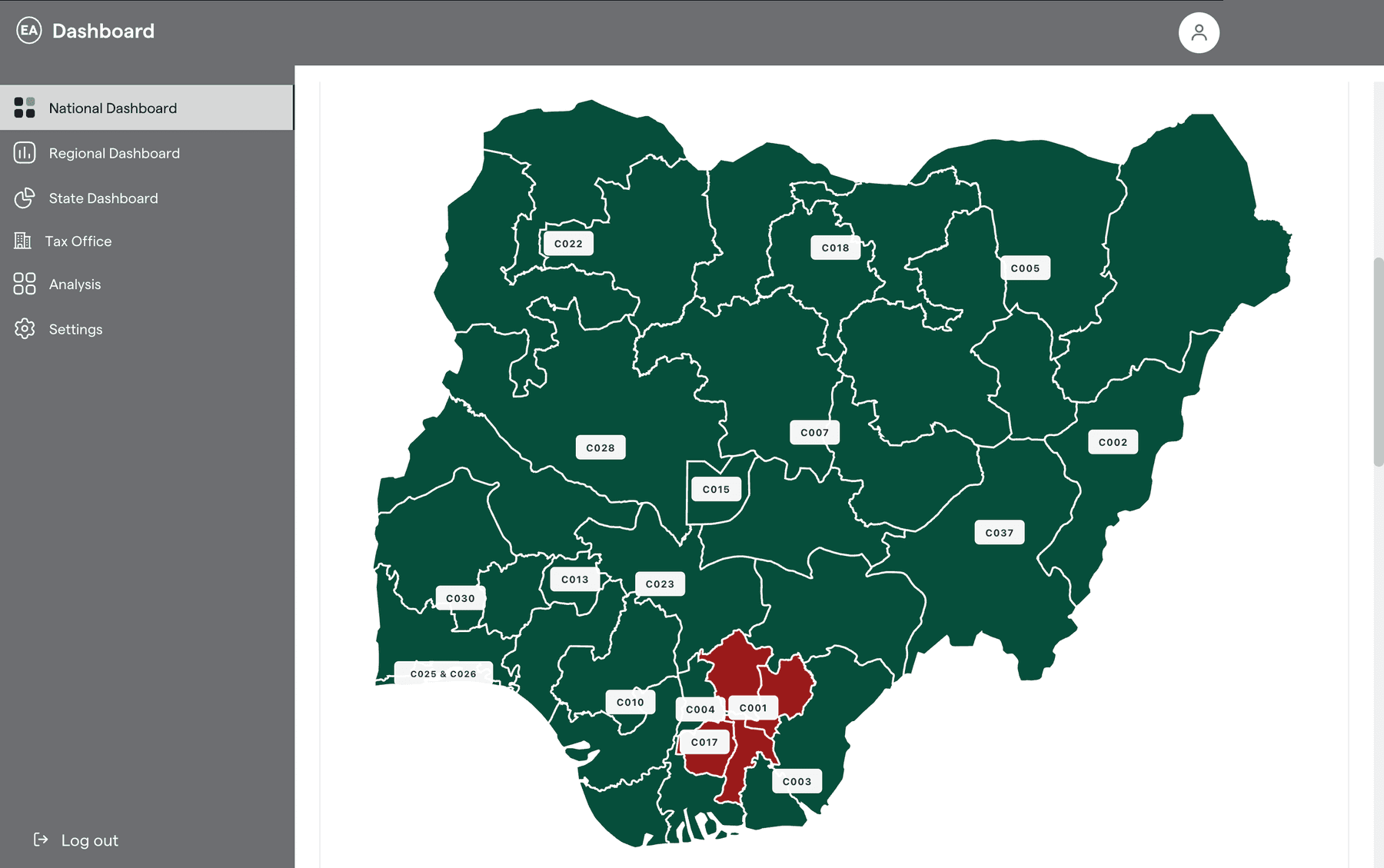 Map of Nigeria divided into states, each coloured by tax performance and labelled with coordinating unit codes such as C005 and C022.